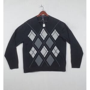 Alfani Cotton V-Neck Sweater, Black with Grey Argyle, Men Size XL, PRE-OWNED